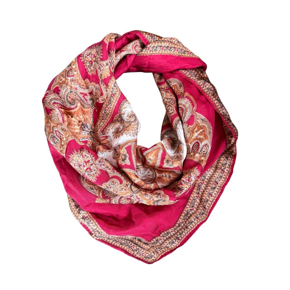 Vintage Red Paisley Medallion Square Scarf 30” Hand Rolled